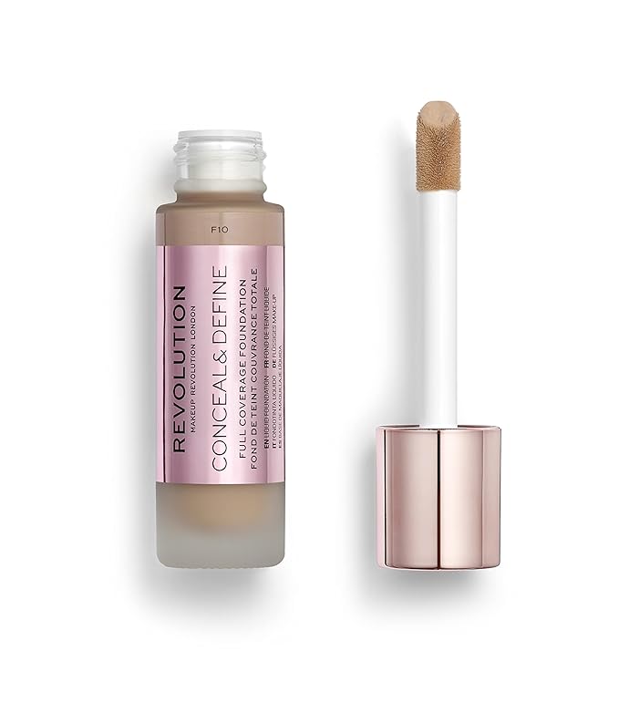 Makeup Revolution Conceal & Define Foundation, Cream Foundation Makeup, Full Coverage, For Medium Skin Tones, Vegan & Cruelty-Free, F10, 23ml-BrightBean Baby