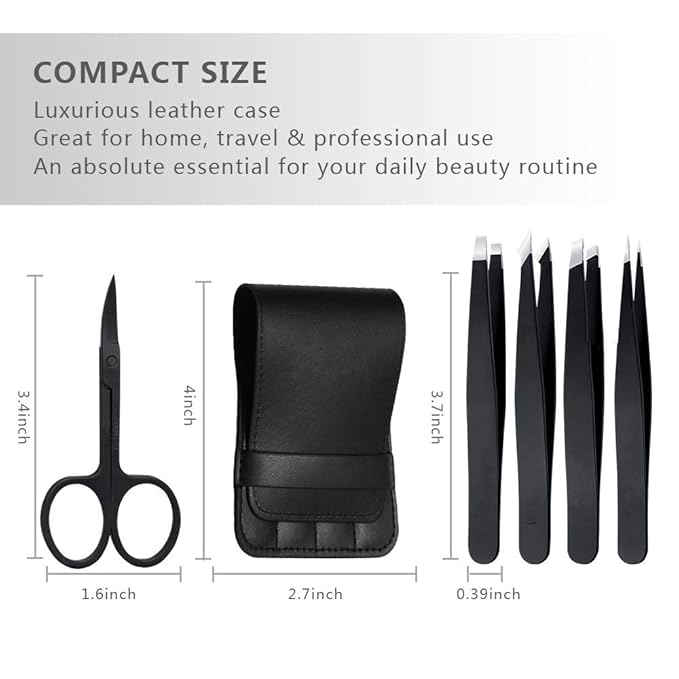 Tweezers Set 5-Piece - Professional Stainless Steel Tweezers with Curved Scissors, Best Precision Tweezer for Eyebrows, Splinter & Ingrown Hair Removal with Leather Travel Case (Black)-BrightBean Baby