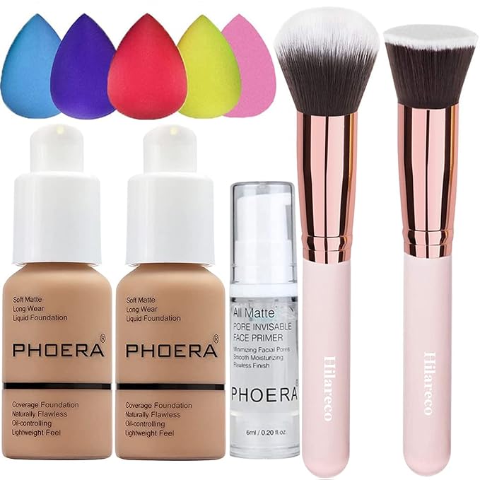 2 Pack PHOERA Foundation Sand 105 and Face Primer, Liquid Full Coverage Foundation Set, Foundation Brush Powder Brush,5 Makeup Sponge, 24HR Matte Oil Control Concealer (2pcs 105 Sand)-BrightBean Baby