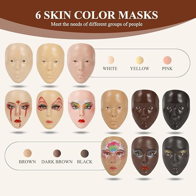 5D Makeup Practice Face Board, Makeup Practice Accessories Set with Face Painting Mannequin Head, Makeup Brushes, Face Painting and 2-in-1 Dual-Ended Eyebrow Pen, Makeup Practice Gift, Dark Brown-BrightBean Baby