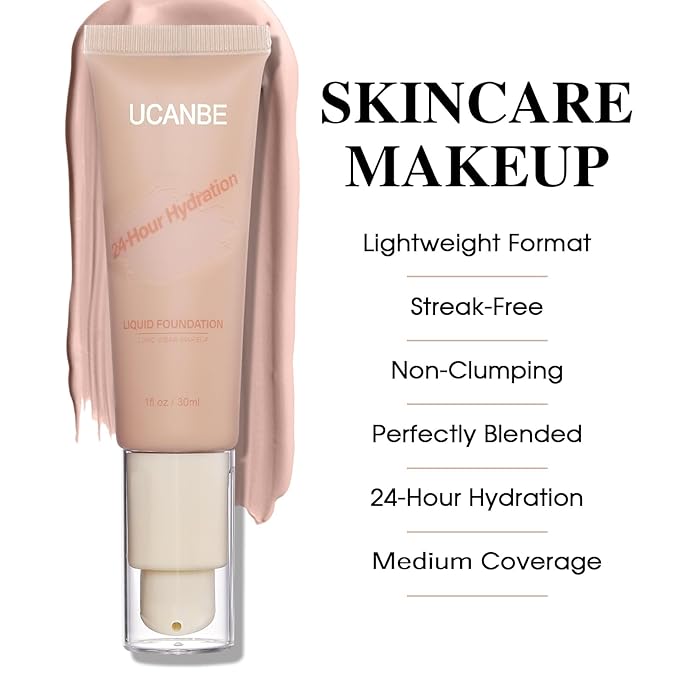 UCANBE Matte Liquid Foundation with Brush, Serum Foundation Face Makeup with Hyaluronic Acid, Medium to Full Coverage Waterproof Oil Control Longwear, for Mature Skin, Natural Ivory, 1 fl. oz.-BrightBean Baby