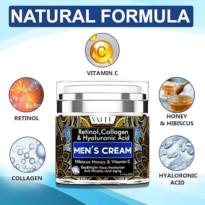 VAITE Mens Face Skin Moisturizer with Collagen, Retinol Ant-Aging, Anti-Wrinkle Under the Eyes Men's cream care for Face with Hibiscus & Honey, Hyaluronic acid, Vitamin C Made in USA-BrightBean Baby