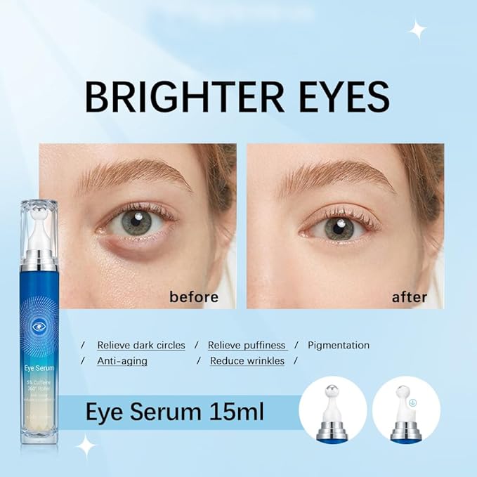 5% Caffeine Eye Serum with 360° Massage Rollerball Topper,Caffeine Eye Cream for Dark Circles,Wrinkles,Puffiness and Fine Lines,Under Eye Roller Cream Eye Bags Treatment for Women and Men-BrightBean Baby