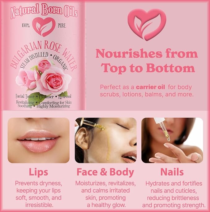 Natural Born Oils 8oz Rose Water Hydrosol, 100% Pure and Natural, Organic, Steam-distilled, Facial Toner Cleanser, with Sprayer, 8-Rose-Water-BrightBean Baby