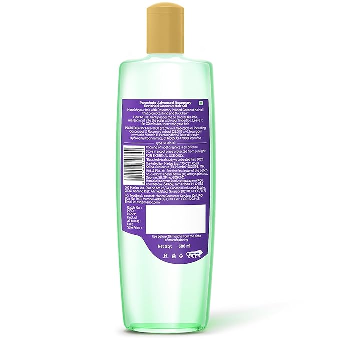 Parachute Advansed Rosemary Hair Oil with Coconut| For 2x Longer & Thicker Hair| Reduces Hairfall & Strengthens Hair| All Hair Types|No Parabens & Silicones| 10.1 Fl.oz.-BrightBean Baby