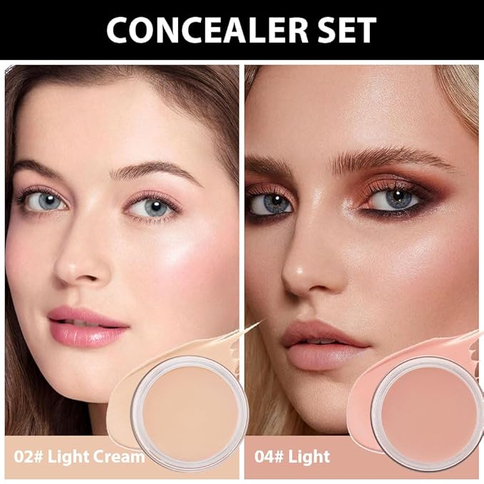 Kaely 2Pcs Pot Concealer Full Coverage Set,under Eye Brightener Concealer for Conceals Dark Circles,Waterproof Foundation Face Makeup Brush Kit,Color Correcting Concealer,02+04-BrightBean Baby