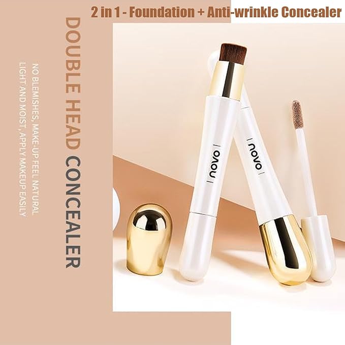 Happyhours 2 in 1 Foundation Anti-Wrinkle Concealer with Built-in Brush, Novo Foundation and Concealer Double Head Makeup Stick, Waterproof Long Lasting Anti-Wrinkle Concealer Foundation (2Pcs-02)-BrightBean Baby