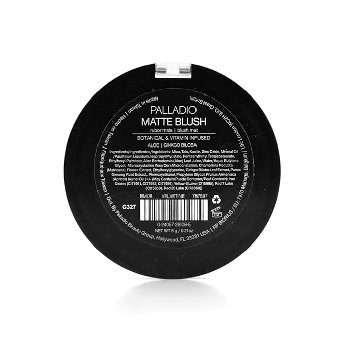 Palladio Matte Blush, Brushes onto Cheeks Smoothly, Soft Matte Look and Even Finish, Flawless Velvety Coverage, Effortless Blending Makeup, Flatters the Face, Convenient Compact, Velvetine-BrightBean Baby