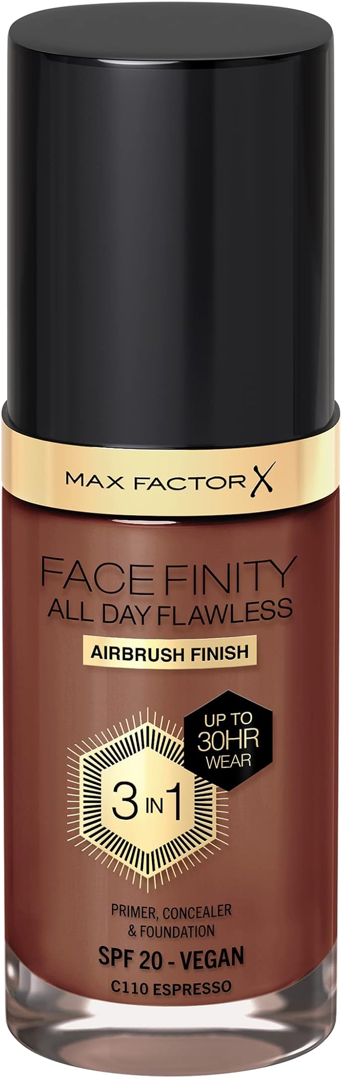 Max Factor Facefinity 3-in-1 All Day Flawless Liquid Foundation, SPF 20-110 Espresso, 30 ml-BrightBean Baby