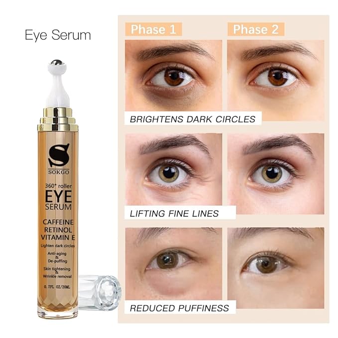 Caffeine Eye Serum Anti Aging, Retinol Eye Serum with 360° Massage Ball for Dark Circles and Puffiness, Deeply Moisturizing, Firms and Lifts Eye Skin, Enhance Skin Elasticity, Smooth Fine Lines-BrightBean Baby