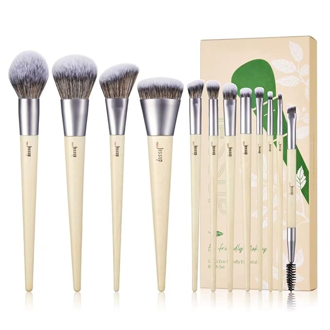 Jessup Vegan Makeup Brushes Set Premium Synthetic Powder Foundation Highlight Concealer Eyeshadow Blending Eyebrow Liner Spoolie Brush Set Burlywood 12pcs T327-BrightBean Baby