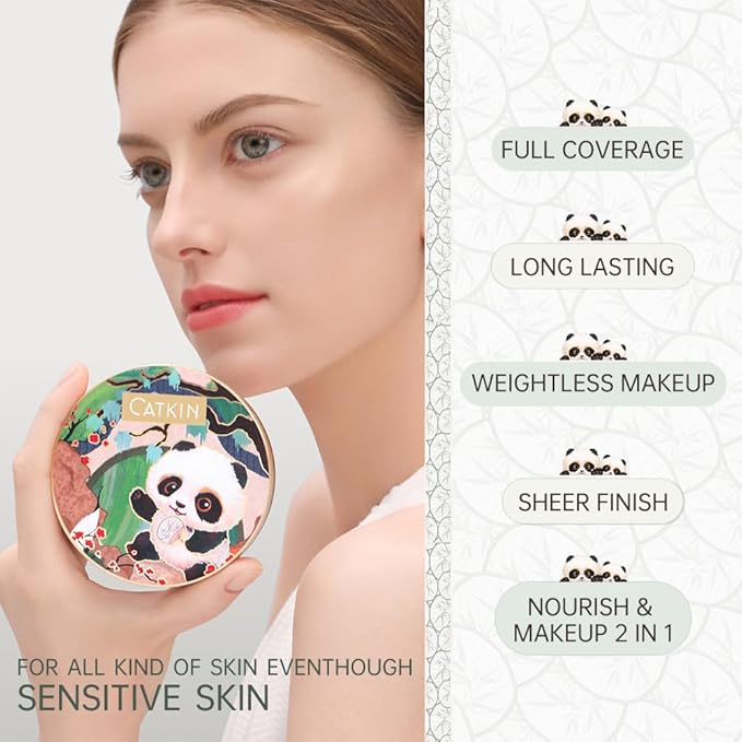 CATKIN Panda Land Full Coverage Cushion Fondation, Breathable Hydrating Nourishing Poreless Face Makeup Save for Sensitive Skin,Sheer Finish (W11 Light)-BrightBean Baby