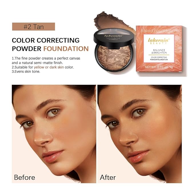 Baked Brighten Foundation, Coror Correcting Baked Balance Foundation,Buildable Coverage, Lightweight Powder Foundation, Creates a Perfect Canvas and a Natural Semi-Matte Finish(02# Tan)-BrightBean Baby