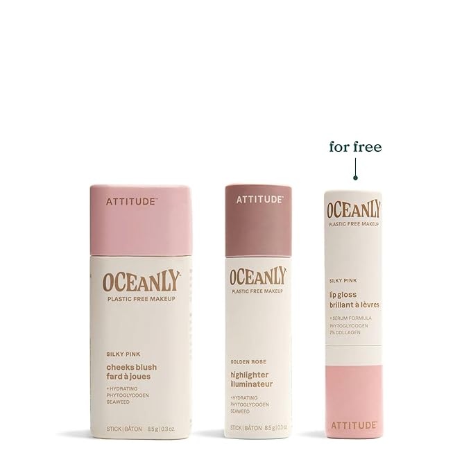 ATTITUDE Silky Pink Makeup Box Set, EWG Verified, Titanium Dioxide-Free, Plastic-free, Plant and Mineral-Based Ingredients, Vegan and Cruelty-free Beauty Products, Set of 3 Makeup Sticks-BrightBean Baby