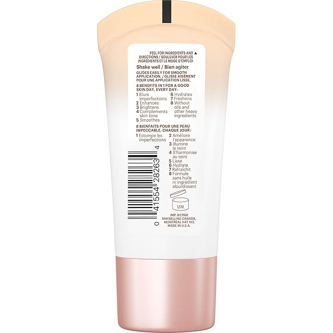 Maybelline Dream Fresh Skin Hydrating BB cream, 8-in-1 Skin Perfecting Beauty Balm with Broad Spectrum SPF 30, Sheer Tint Coverage, Oil-Free, Light/Medium, 1 Fl Oz-BrightBean Baby