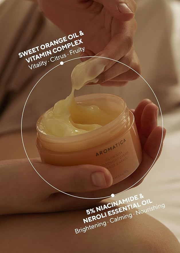 AROMATICA Glow Vita Goodnight Cream Orange & Neroli 3.1fl oz/90g - Night Cream Moisturizer For Face & Neck | Anti Aging Wrinkle Cream with Vitamin C, 5% Niacinamide-BrightBean Baby
