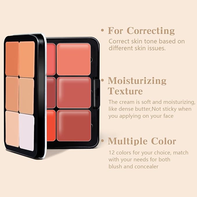 12 Colors Cream Blush Palette, Color Correcting Concealer Foundation Palette, Long Wearing Smudge Proof Blendable Matte Finish Blush Powder Highlighter and Cream Contour Palette Makeup (01)-BrightBean Baby