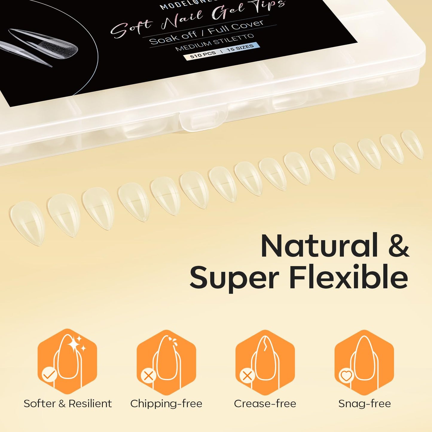 Modelones Medium Stiletto Fake Nail Tips - 510Pcs Gel Tips Pre-shaped Half Matte Full Cover Clear Acrylic Gel Kit False Press on Nails for Extension DIY Salon 15Sizes-BrightBean Baby