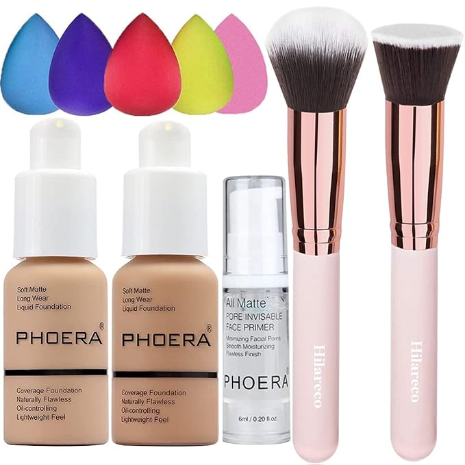 PHOERA Foundation 104 and 105 & Face Primer,Liquid Full Coverage Foundation Set,Foundation Brush Powder Brush,5 Makeup Sponge,30ml PHOERA 24HR Matte Oil Control Concealer (104 Buff Beige + 105 Sand)-BrightBean Baby