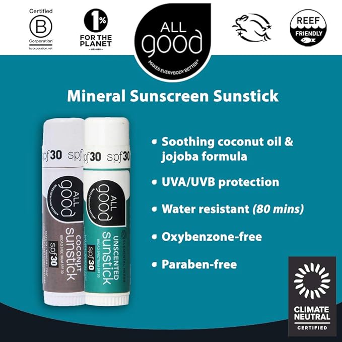 All Good Sunstick - Face Sunscreen, Water Resistant, UVA/UVB Broad Spectrum SPF 30+, Coral Reef Friendly - Beeswax, Zinc, Vitamin E, Shea Butter (Coconut)-BrightBean Baby