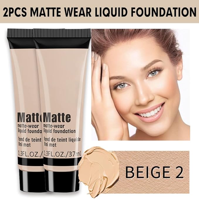 2 Pack Liquid Foundation Cream for Face Makeup,Durable Full Coverage Matte Concealer Make Up,Oil Control & Waterproof Base Primer -1+1 Fl.Oz-BEIGE 2#-BrightBean Baby