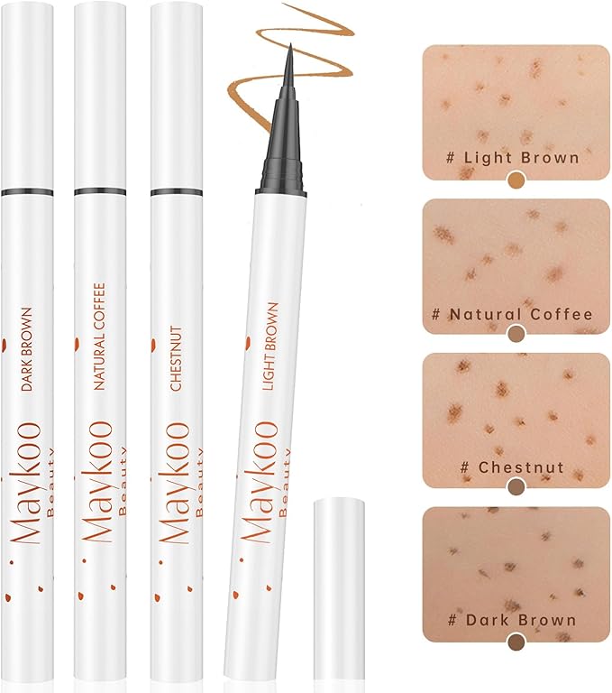 4 Colors Freckle Pen Set, Natural Lifelike Face Fake Freckle Stamp Makeup Pen Waterproof Long Lasting Quick Dry Faux Freckles Sun-kissed Makeup-Light Brown,Natural Coffee,Chestnut,Dark Brown-BrightBean Baby
