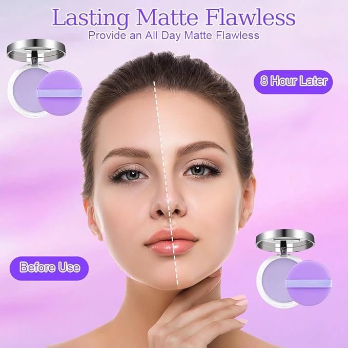 2PCS Oil Control Face Pressed Powder,zxbaers Chillab Lavender Matte Powder,Matte Smooth Setting Powder Makeup, Waterproof Long Lasting Finishing Powder, Flawless Lightweight Face Cosmetics-BrightBean Baby