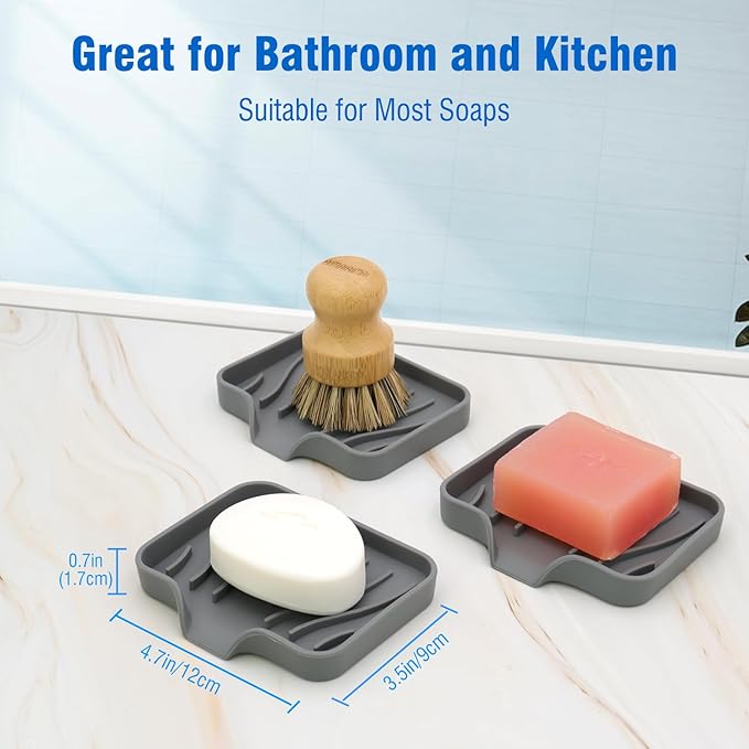 3-Pack Silicone Soap Dish Bar Soap Holder, Self Draining Soap Tray for Shower, Bathroom, Kitchen, Bathtub (Grey)-BrightBean Baby
