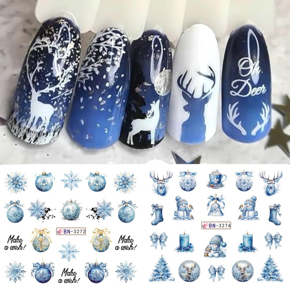 12 Sheets Christmas Nail Art Stickers Winter Snowflake Snowman Water Transfer Nail Decals Xmas Tree Santa Claus Penguin Gingerbread Man Design Acrylic Nail Foils for Women Kids DIY Holiday Nail Decor-BrightBean Baby