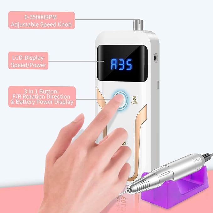 Portable Nail Drill Professional 35000 RPM, MOCOWIND Rechargeable Electric Nail File Machine for Acrylic Nails Gel Polishing Removing, Cordless E-File with Bits Kit for Manicure Salon Home, White-BrightBean Baby