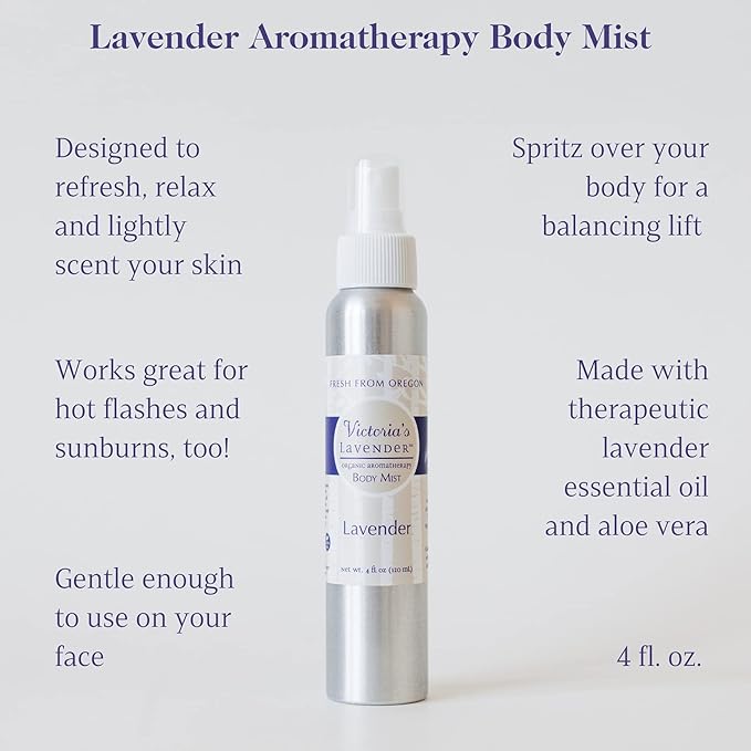 Victoria's Lavender Aromatherapy Body Mist Spray - After Sun Solar Recovery Spray with Aloe Vera plus Lavender Essential Oil - Hydrating, Moisturizing Aloe Vera Mist, Made in the USA, 4 oz (120 ml)-BrightBean Baby