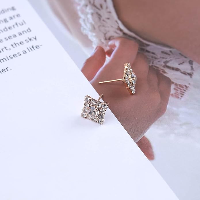 Vintage Crystal Square Earrings Rhinestone Square Stud Earrings Gold Cz Square Earrings Geometric Square Earrings Jewelry for Women-BrightBean Baby