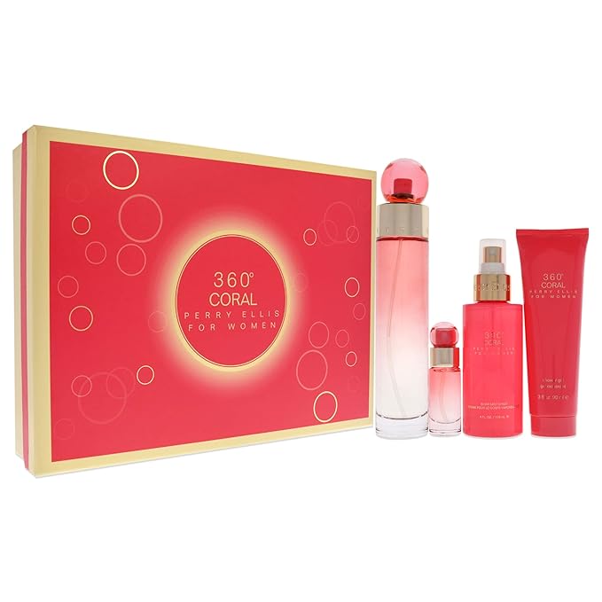 Perry Ellis 360 Coral 3.4oz EDP Spray, 4oz Body Mist, 3oz Shower Gel, 0.25oz EDP Spray Women 4 Pc Gift Set-BrightBean Baby