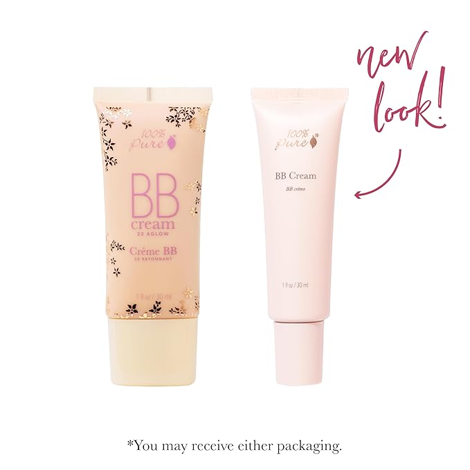 100% PURE BB Cream Shade 20 Aglow Full Face Coverage Skin Care & Glow - All-In-One Primer Concealer & Foundation Makeup - Shimmery, Dewy Youth Medium Color w/Warm Undertone - Vegan - 1 Fl Oz-BrightBean Baby