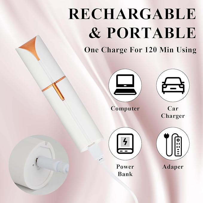 Facial Hair Removal for Women Men,Electric Painless Hair Removal Device Included 2 x Replacement Heads,USB Rechargeable Lady Womens Face Shaver with LED Light for Lip,Chin,Arms (White)