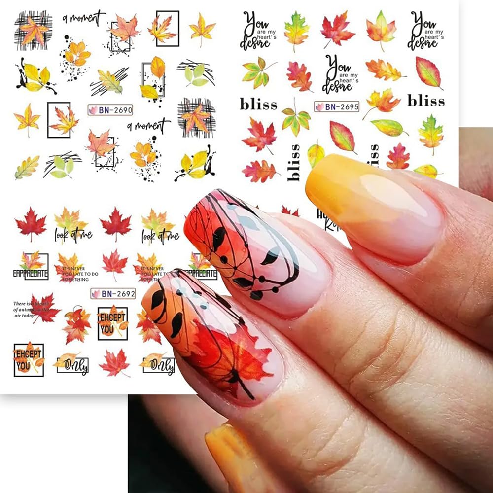 Fall Thanksgiving Nail Art Stickers Decals, 12 Sheets Maple Leaf Design Water Transfer Nail Decals Autumn Thanksgiving Nail Art Decoration Abstract Leaves Ginkgo Slider Nail Foils for Women DIY Supply-BrightBean Baby