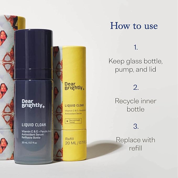 Vitamin C Serum Refill with Ferulic Acid and Vitamin E for Glowing Radiant Skin by Dear Brightly, Face Brightening, Facial Serum for Sensitive Skin, Refillable Glass Bottle, 0.7 fl oz-BrightBean Baby