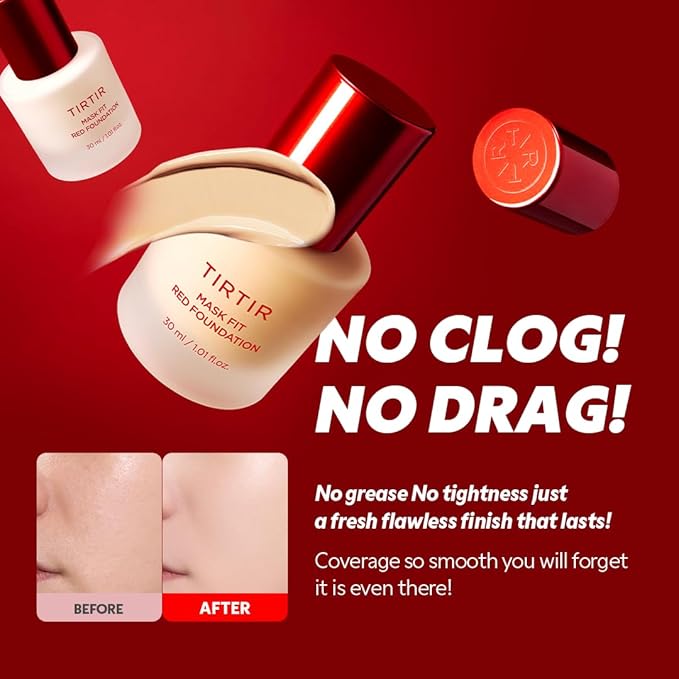TIRTIR Mask Fit Red FoundationㅣLong Lasting Flawless Coverage, Energy Essence, Lightweight, Hydrating, Pore-Blurring, Breathable Satin Finish, Makeup, Radiant Skin, #24N Latte, 1.01 Fl Oz-BrightBean Baby