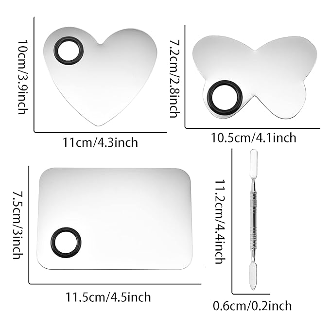 6 in 3 Set Makeup Mixing Palettes, 2 Pcs Stainless Steel Nail Art Palette with 2 Makeup Spatula for Foundation Makeup Tools Eyeshadow Nail Art (4 in 2 Silver Heart Rectangular)-BrightBean Baby