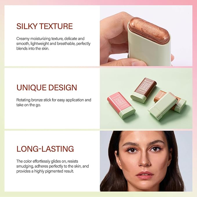 Multi-Use Makeup Blush Stick, Cream Blush Stick, Tinted Solid Moisturizer Stick for Cheek & Eyes & Lips, Waterproof Natural Nude Makeup, Suitable for All Skin (3#Rich Glow)-BrightBean Baby