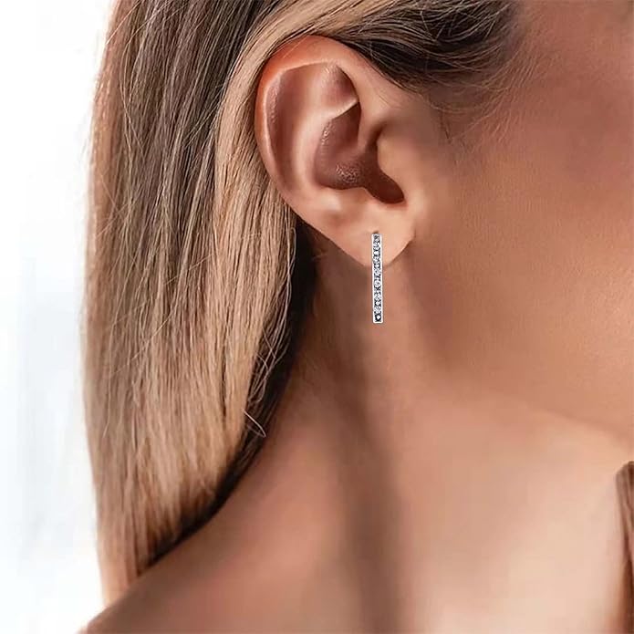 Geometric Crystal Bar Earrings Silver Cz Bar Stick Earrings Cz Rhinestone Bar Stud Earrings Silver Minimalist Earrings Jewelry for Women and Girls-BrightBean Baby