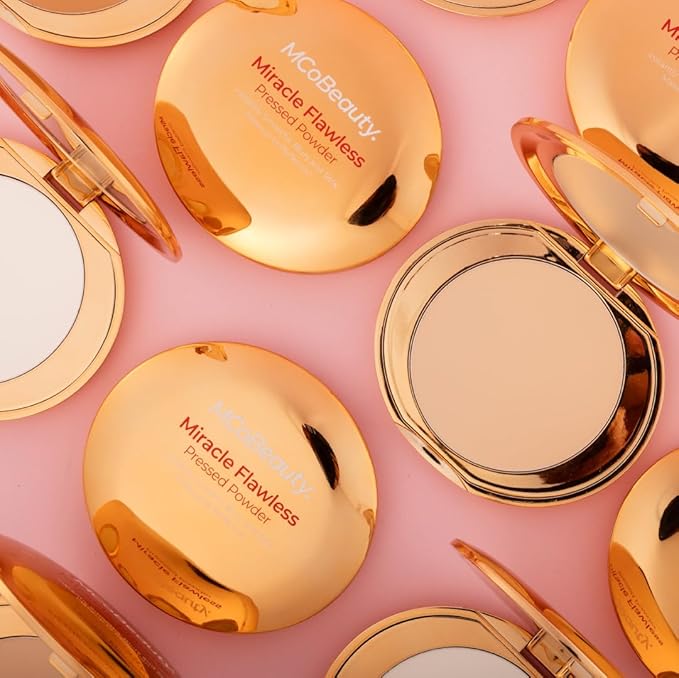 MCoBeauty Miracle Flawless Pressed Powder, Natural Medium Shade, Oil-Control, Soft-Focus Finish with Hydrating Rose Flower Extract & Sweet Almond Oil, Vegan, Cruelty Free Cosmetics-BrightBean Baby