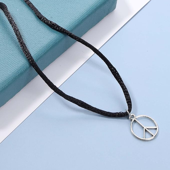 Boho Peace Choker Necklace Black Cord Circle Necklace Short Round Necklace Vegan Necklace Chain Jewelry for Women and Girls-BrightBean Baby