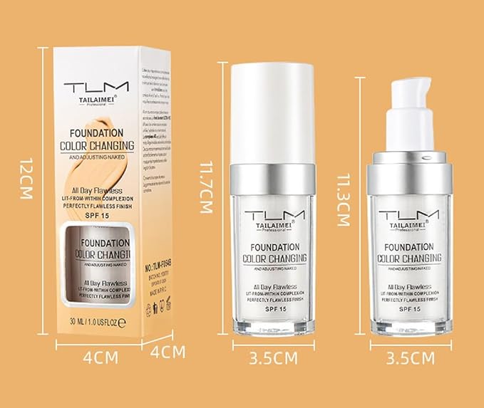 TLM Foundation Color Changing,TLM Colour Changing Liquid Foundation Hides Wrinkles & Lines,BB Cream Makeup Base Concealer Cover Moisturizing Fluid for all Skin Tone SPF15(30ML)-BrightBean Baby
