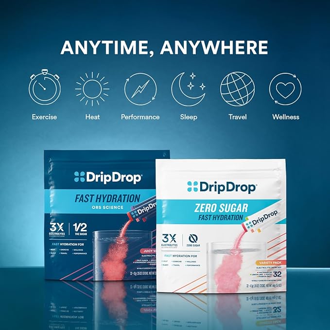 DripDrop Hydration Packets - Tropical Variety Pack - Single Serve Electrolytes Powder Drink Mix - Mango, Açaí, Passion Fruit, Piña Colada - Non-GMO, Gluten Free, Vegan - 32 Sticks