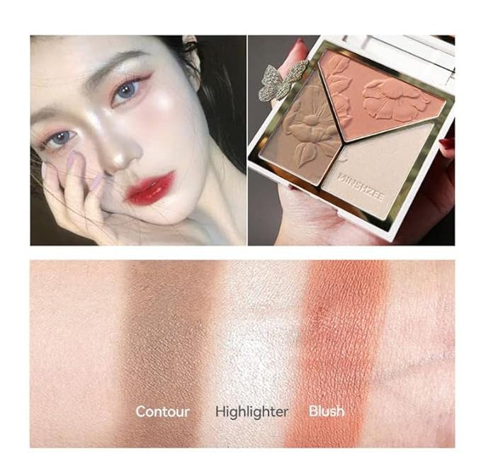 3-in-1 Highlighter Makeup Palette – Contour, Blush & Glow Kit with Matte & Shimmer Finish – Silky Pressed Powder for Face, Cheekbones, Eyes – Long-Lasting, Waterproof, Cool Toned, Travel-Friendly-BrightBean Baby