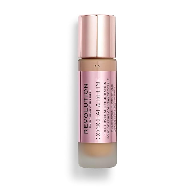 Revolution Beauty, Conceal & Define Foundation, Full Coverage, Long-Lasting Matte Finish, Vegan & Cruelty Free, F10 Medium Skin Tones, 0.8 Fl.Oz.-BrightBean Baby