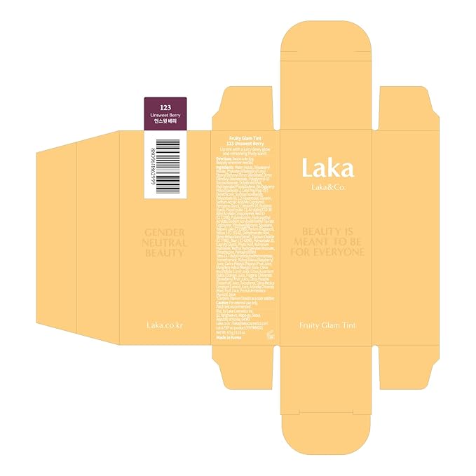 Laka Fruity Glam Tint, 4.5g/0.15 oz., Glowing Lip Stain with Wide Color Spectrum, Hydrating & Lightweight Texture, Long-Lasting Bold Stain, Non-Sticky, Vegan, K-Beauty (#123 Unsweet Berry)-BrightBean Baby