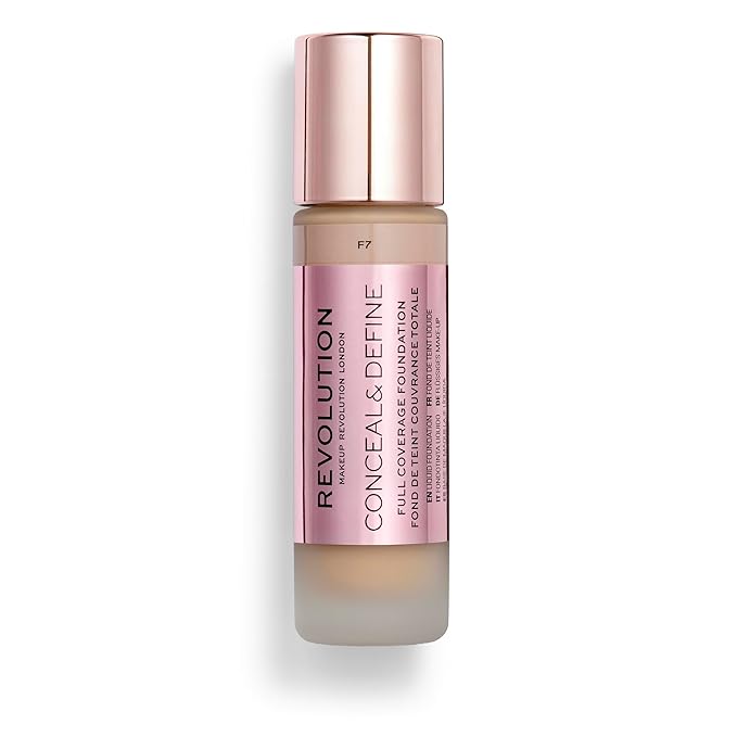 Revolution Beauty, Conceal & Define Foundation, Full Coverage, Long-Lasting Matte Finish, Vegan & Cruelty Free, F7 Medium Skin Tones, 0.8 Fl.Oz.-BrightBean Baby