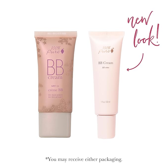 100% PURE BB Cream Shade 30 Radiance Full Face Coverage Skin Care & Glow - All-In-One Primer Concealer & Foundation Makeup - Shimmery, Dewy Youth Tan Color w/Warm Golden Undertone - Vegan - 1 Fl Oz-BrightBean Baby